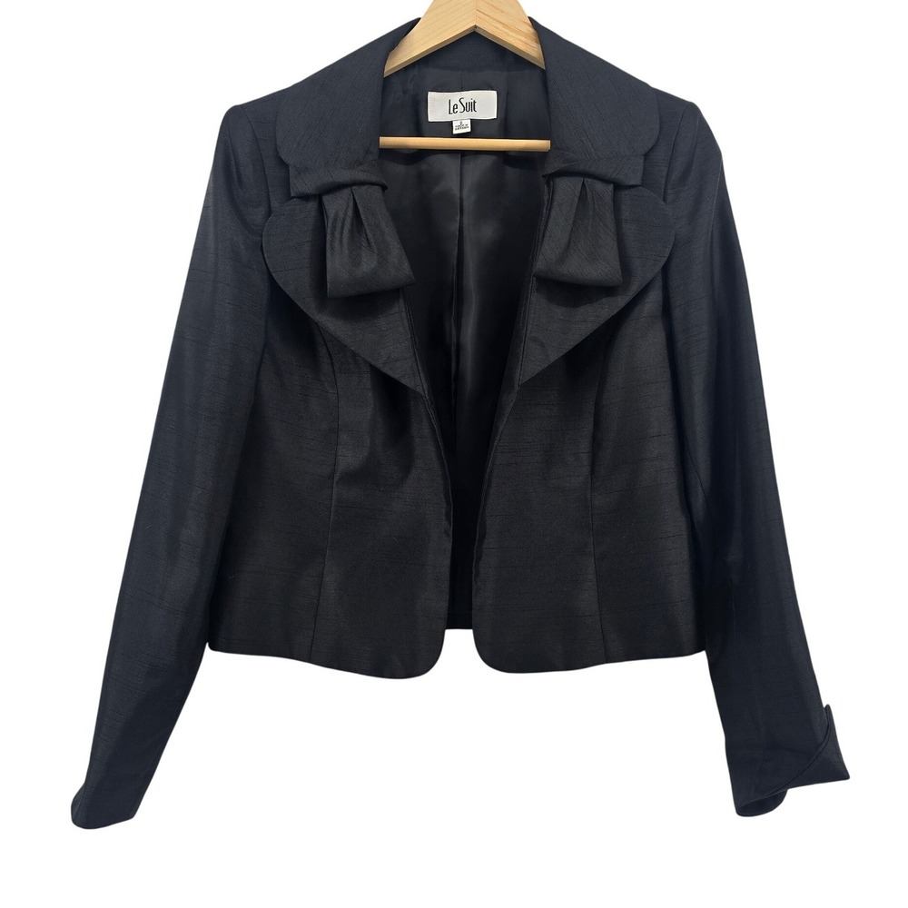 Le Suit Blazer Womens 8 Black Bow Accent Open Front Textured Professional Jacket